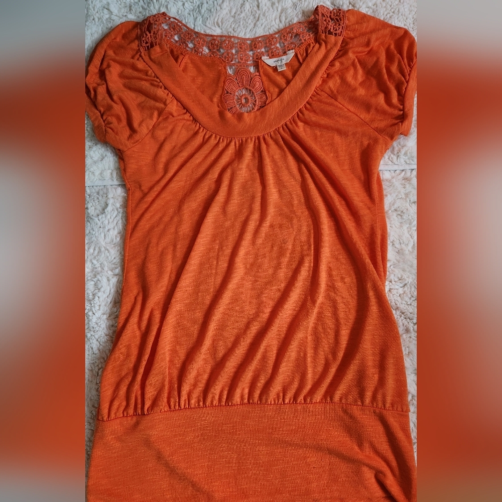 Energie Orange Ruched Blouse with Cap Sleeves